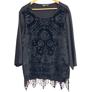 Vintage Chico's Velvet Burnout Tassel Top Whimsigoth Boho Black Blouse Luxe